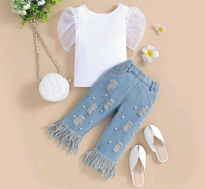 Puff Sleeve Shirt & Shredded Jeans