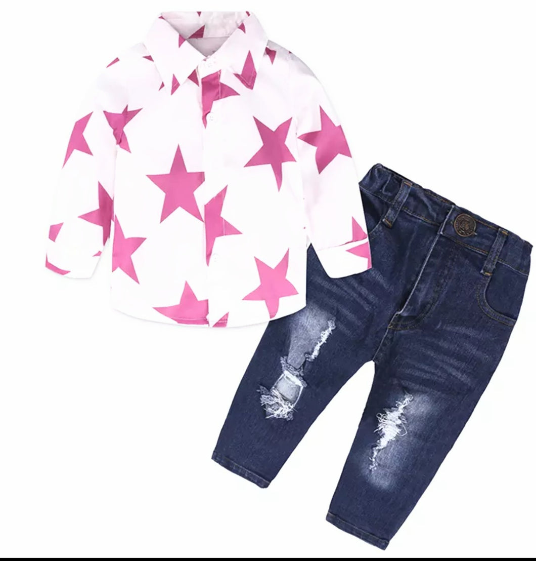 Pink Star Shirt and Ripped Jeans