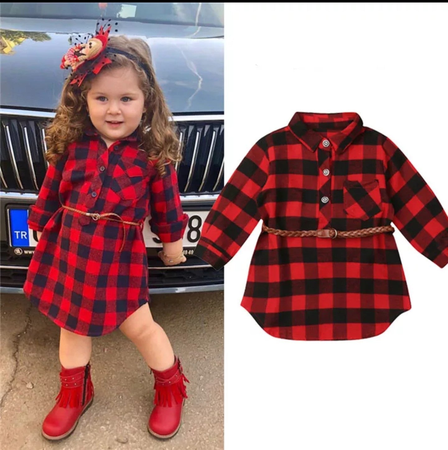 red and black shirt dress Rebecca Belted Flannel Mini Dress - Red/combo
